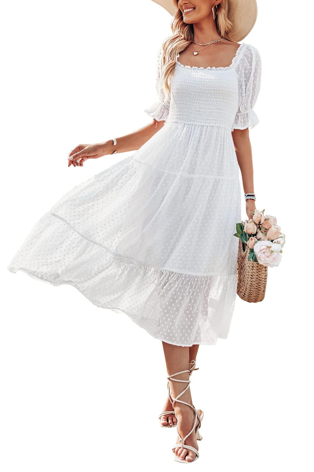 MEROKEETY Women's 2023 White Dress Summer Square Neck Puff Sleeve Boho Grand Goldman MEROKEETY Women's 2023 White Dress Summer Square Neck Puff Sleeve Boho Grand Goldman