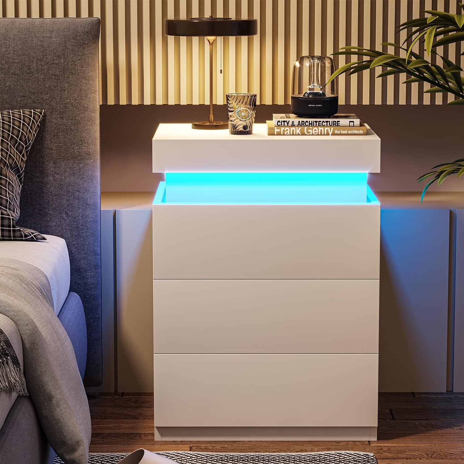 Huuger Comodino con stazione di ricarica e luci LED, comodino a 2 Huuger Comodino con stazione di ricarica e luci LED, comodino a 2