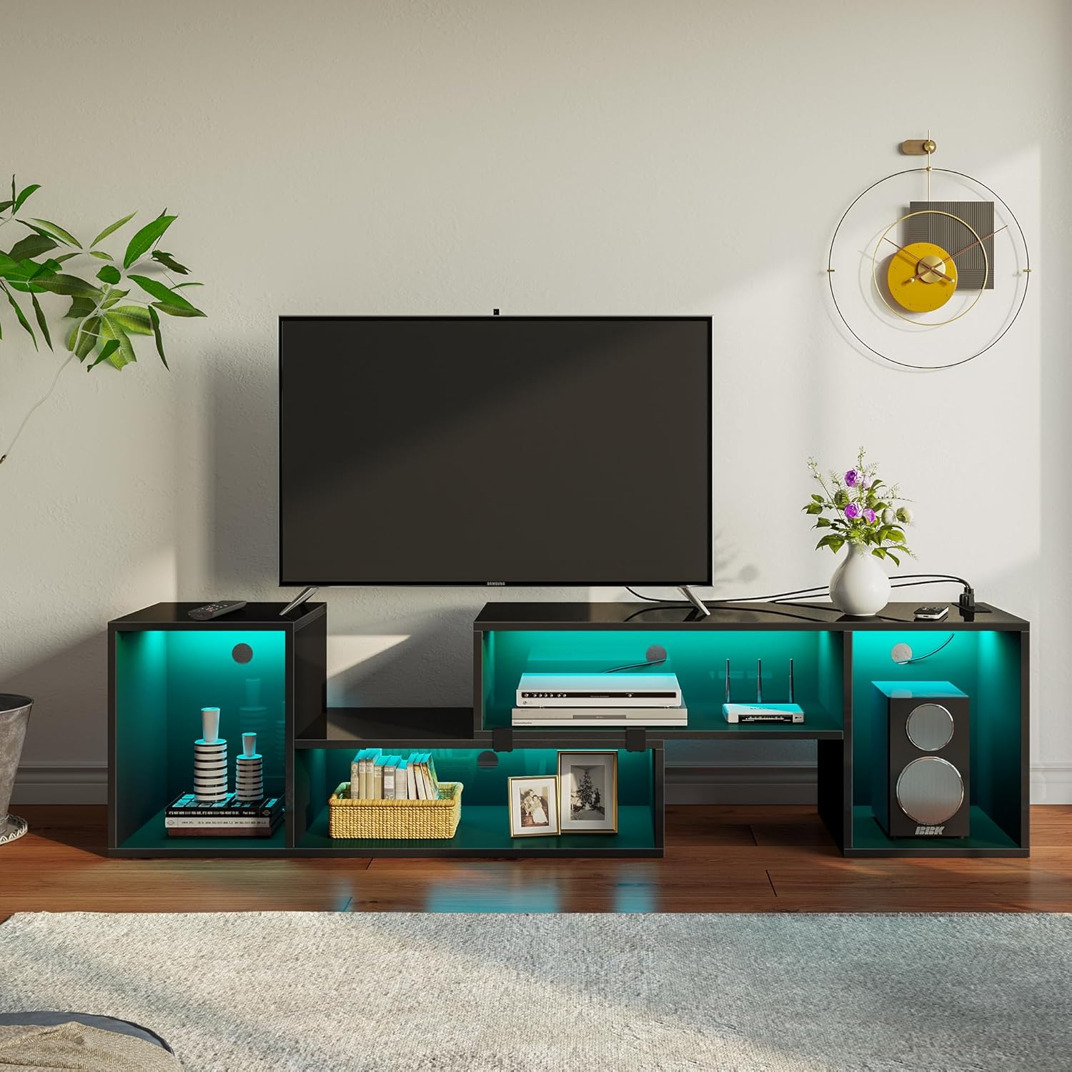 Modern L-Shape TV Stand With LED Lights - Fits 65/70/75 Inch TVs, 6 Shelves, White