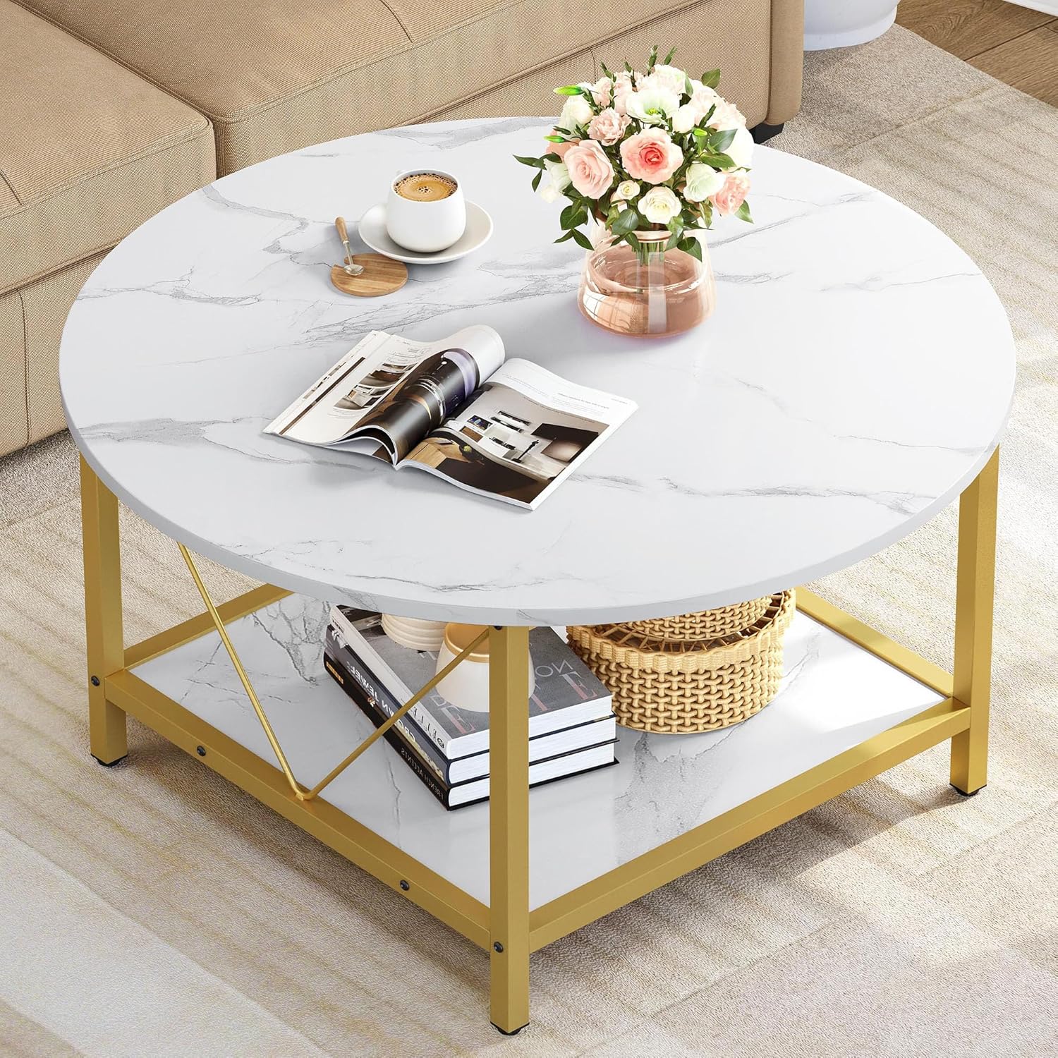 YITAHOME Round Coffee Table,Rustic Wood Coffee Tables for Living Room ...