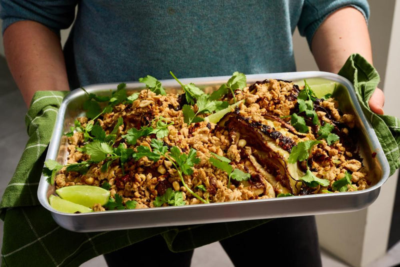 Satay Butter Charred Cabbage Wedges with Chicken Mince Recipe