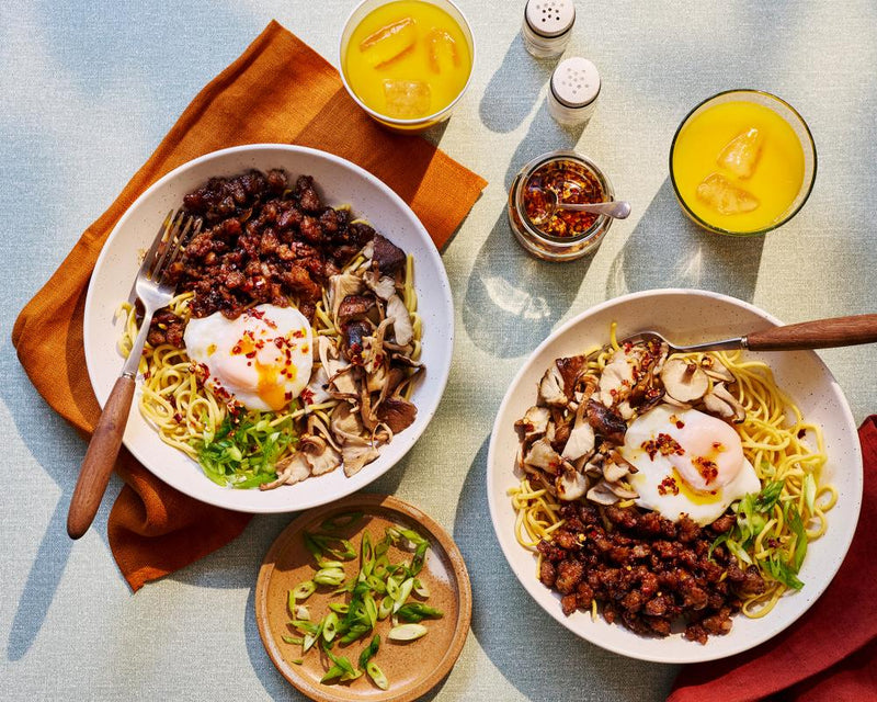 Breakfast Mazesoba Recipe with Sausage, Egg, and Shiitake Mushrooms