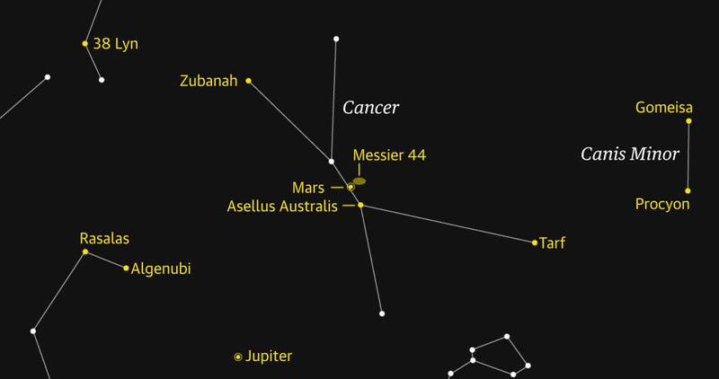 Mars Signposts the Beehive Cluster: Stargazing Guide