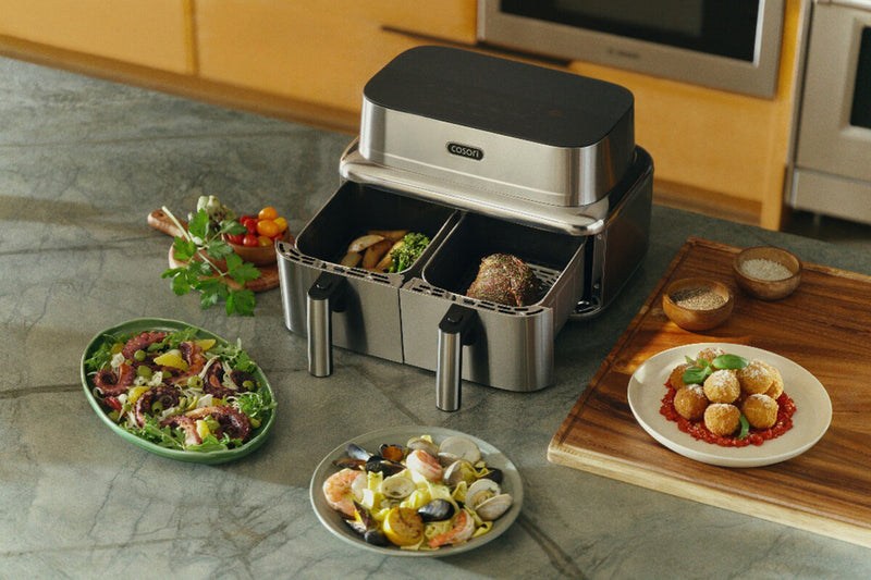 Cosori Iconic Dual Air Fryer: Stainless Steel, 8.6L, Two Baskets