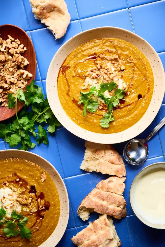 Georgian-Spiced Carrot Sweet Potato Lentil Soup Recipe