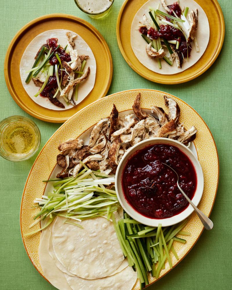 Spiced Sticky Chicken with Plums and Pancakes: Quick Easy Recipe
