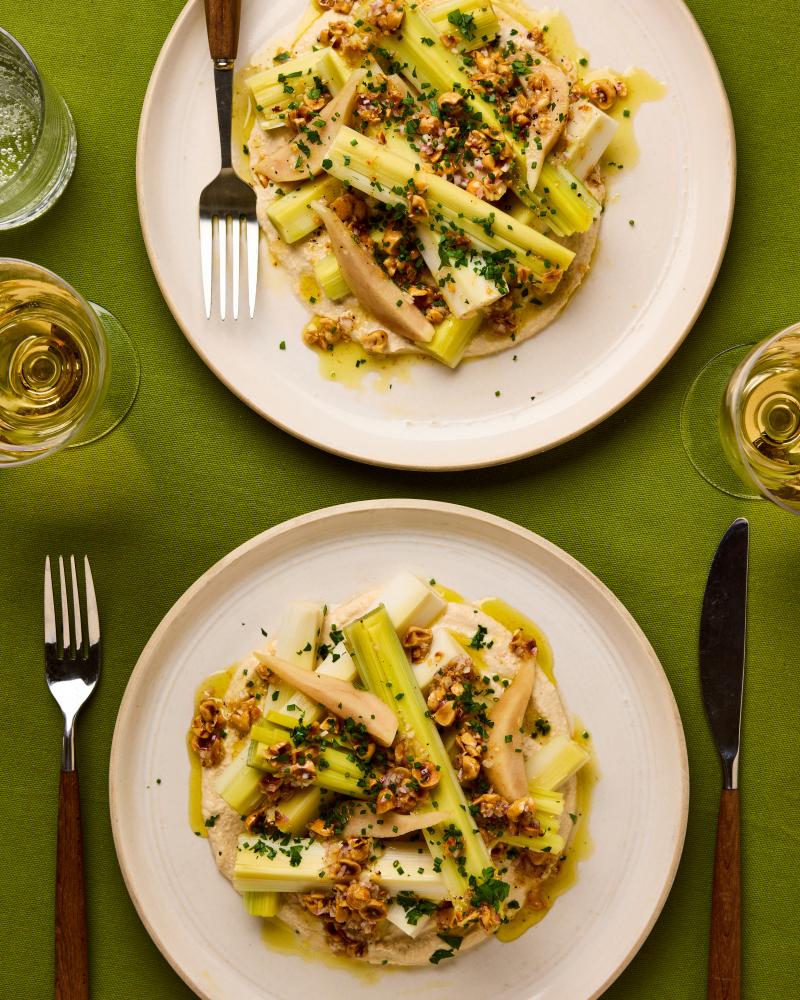 Vegan Poached Leeks with Pickled Pear and Hazelnuts Recipe