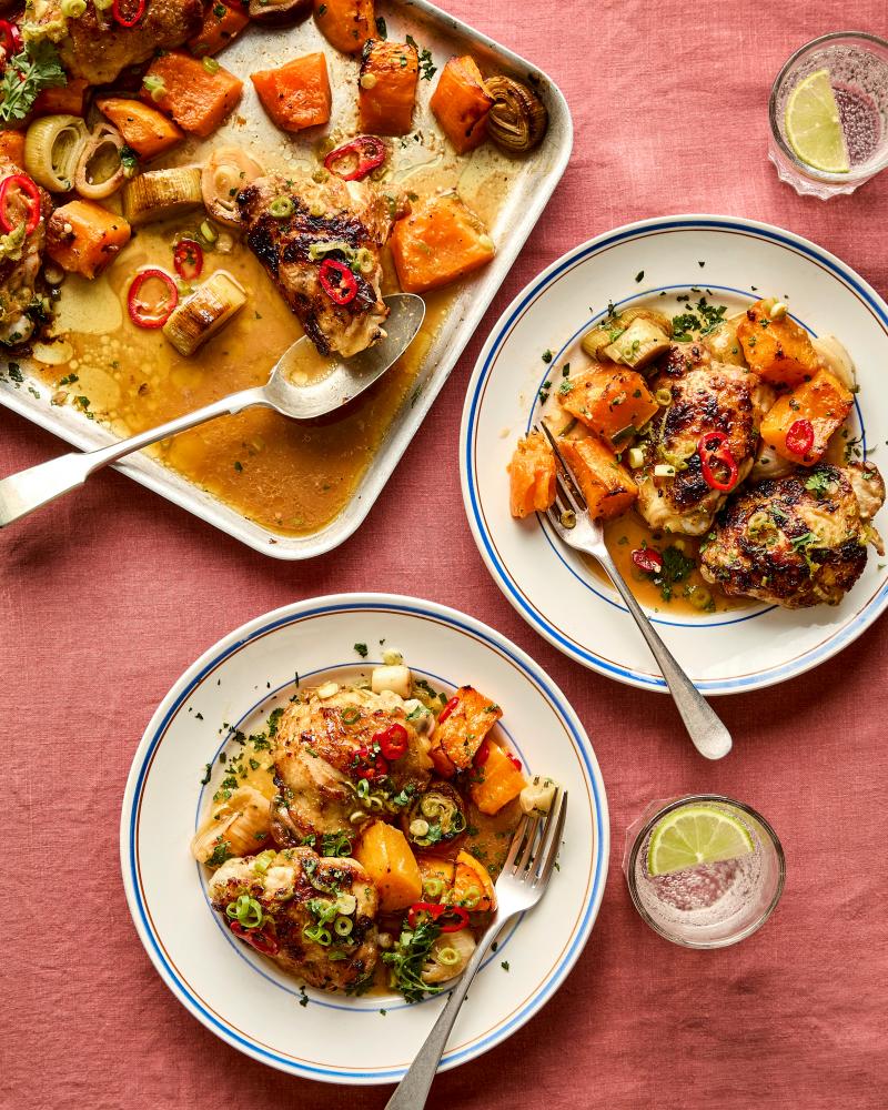 Miso Chilli Chicken Recipe: One-Pan Roast with Squash and Leeks