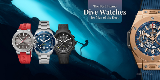 Tag Heuer aquaracer, Hublot big bang in rose gold, Oris and  black IWC luxury dive watches on a blue abyssal background.