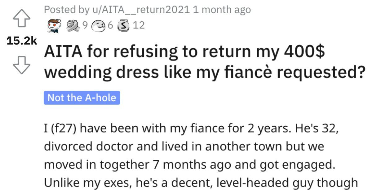 Bride Asks If She’s Wrong For Not Returning Her $400 Wedding Dress - grandgoldman.com