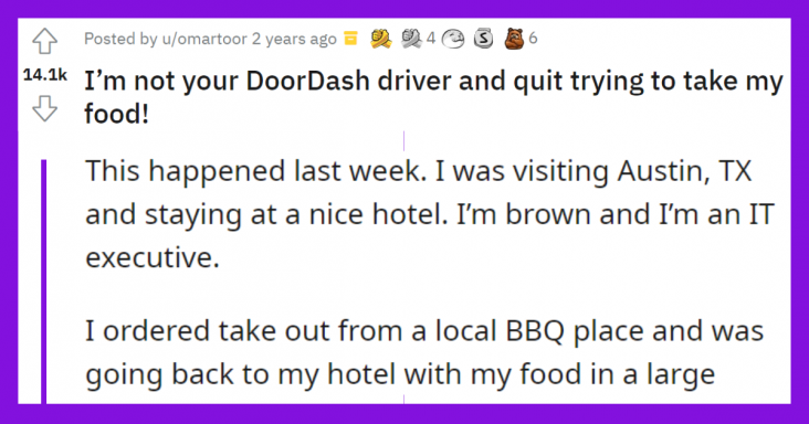 Woman Mistakes A Hotel Guest As Her Food Delivery Driver, Tries To Take Their Food