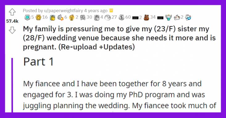 Family Wants Redditor To  Give Her Sister Her Wedding Venue Because She Is Pregnant, Girl Refuses