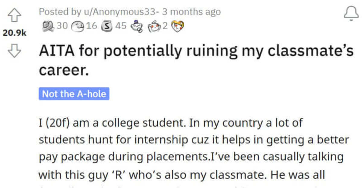 Girl Asks If She Was Wrong For Potentially Ruining Her Classmate’s Career Who Couldn’t Handle Rejection - grandgoldman.com
