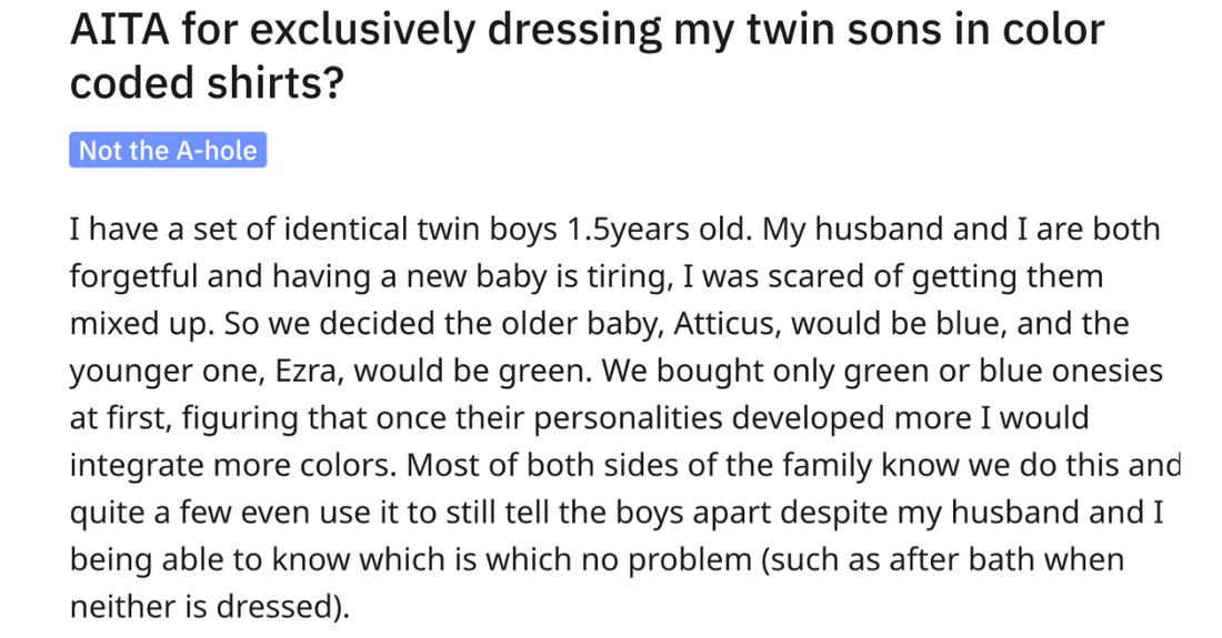 Mother Asks If She Is In The Wrong For Dressing Her Twins In Different Colors