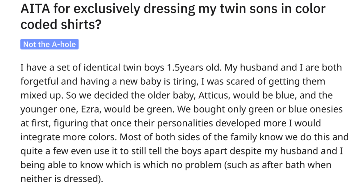 Mother Asks If She Is In The Wrong For Dressing Her Twins In Different Colors