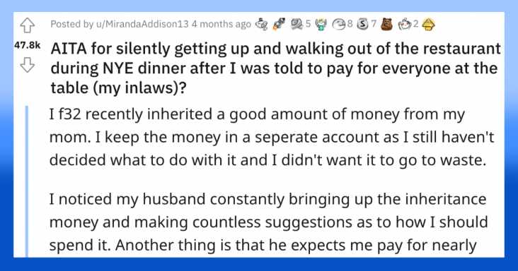 Woman Who Inherited Money Silently Walked Out Of Dinner After Her In-Laws Expected Her To Pay - grandgoldman.com