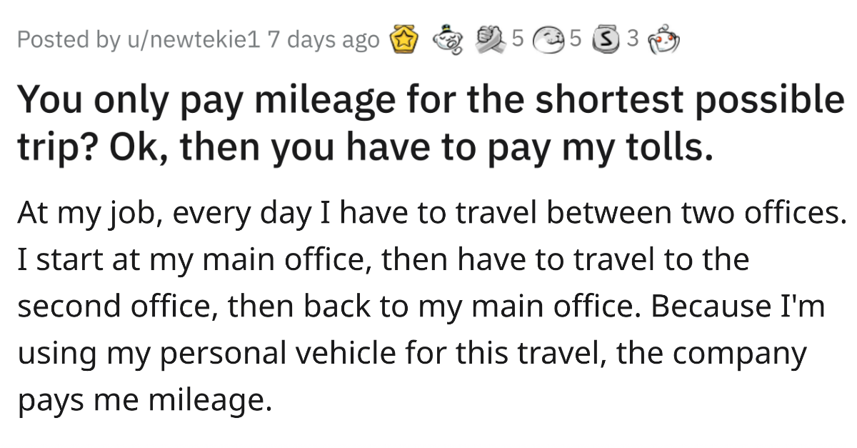 Company Refuses Employee Mileage Expense For A Long Route, Employee Takes The Toll Route