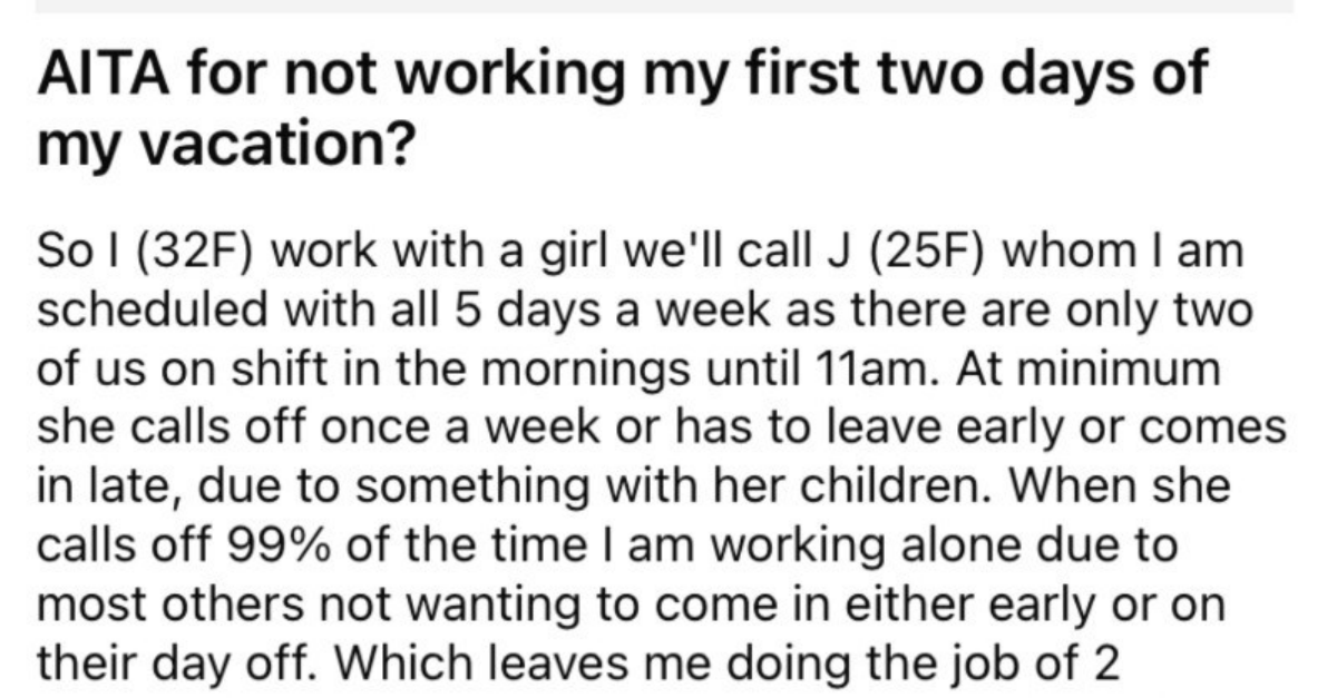 Employee Refuses To Work On Their Vacation Time When Their Co-Worker Asks Them To
