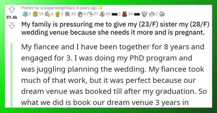 Entitled Parents Want Their Daughter To Give Up The Wedding Venue Because Of Her Pregnant Sister - grandgoldman.com