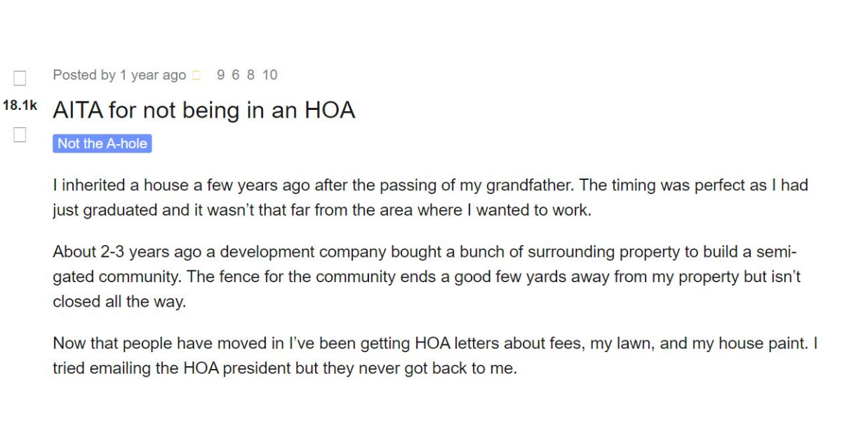HOA Gets Angry At Home Owner For Not Being A Part Of Them