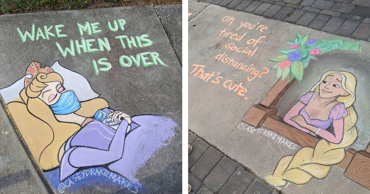Mom Hilariously Illustrates Our Quarantine Struggles With Her Amazing Disney Chalk Art - grandgoldman.com