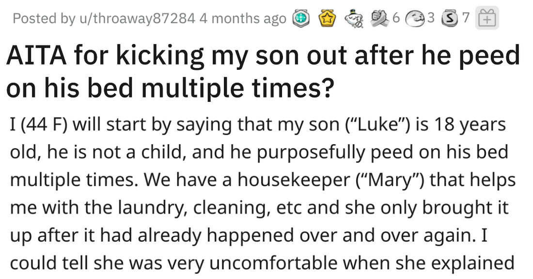 Mom Kicked Her 18-Year-Old Son Out Of The House For Purposely Peeing On His Bed To Piss Off The Housekeeper