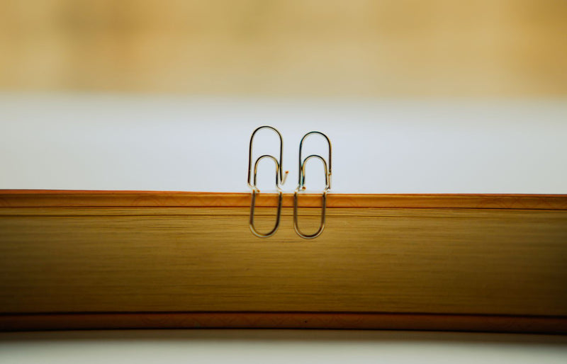 A close-up image of two paperclips on the spine of a book with ample copy space.