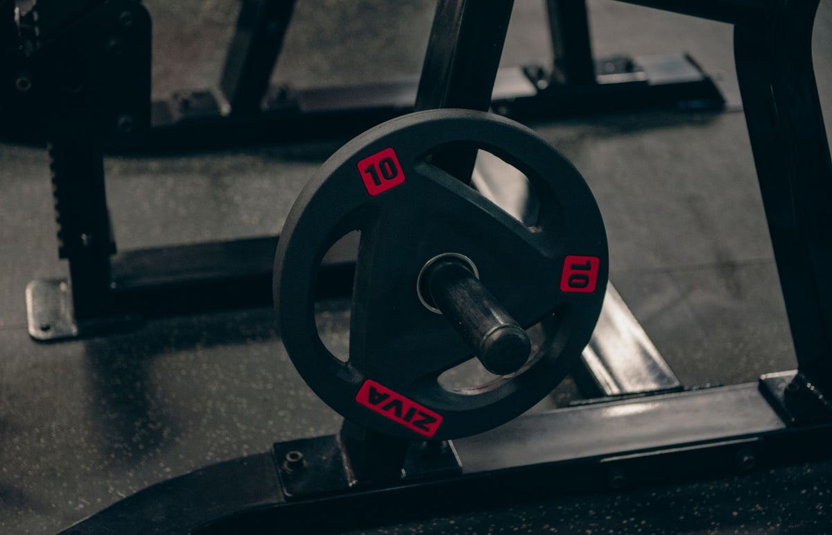 A close-up image of a 10 kg weight plate on a barbell in a gym setting, focusing on fitness equipment.