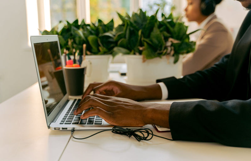 Business professional typing on a laptop in a modern office setting with natural light and plants.