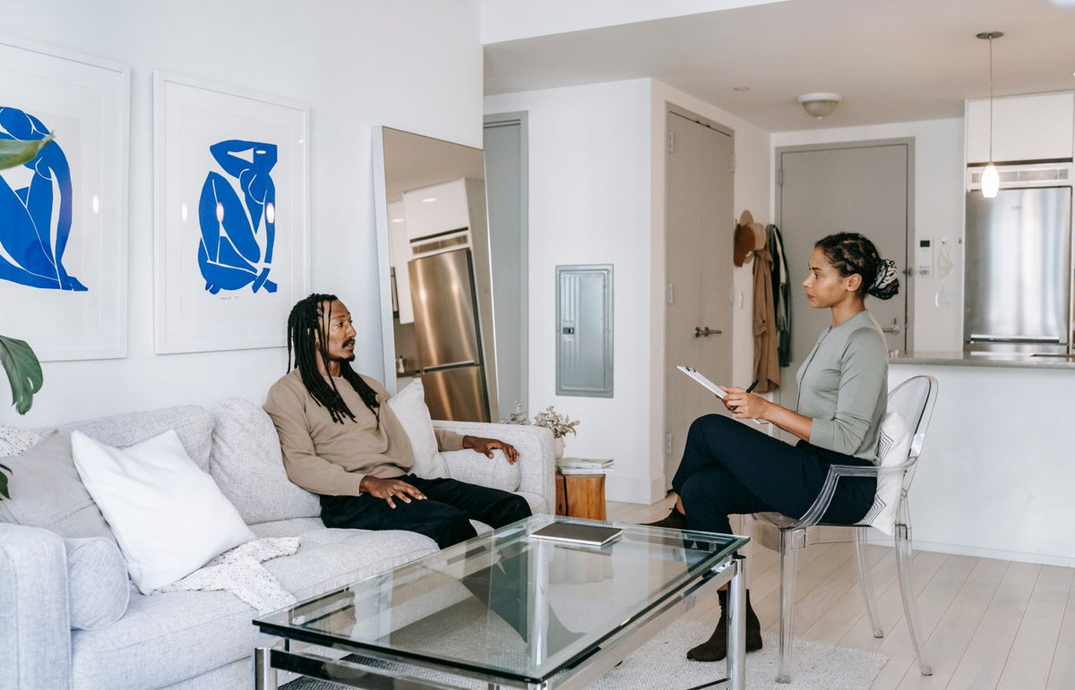 A therapist and patient in a modern living room discussing mental health solutions.