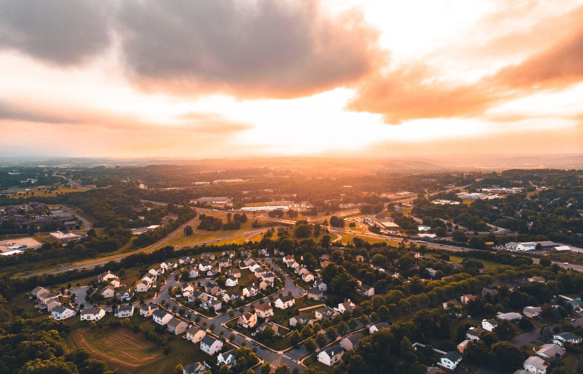 Stunning aerial photograph capturing a residential area in Allentown, PA during sunset.