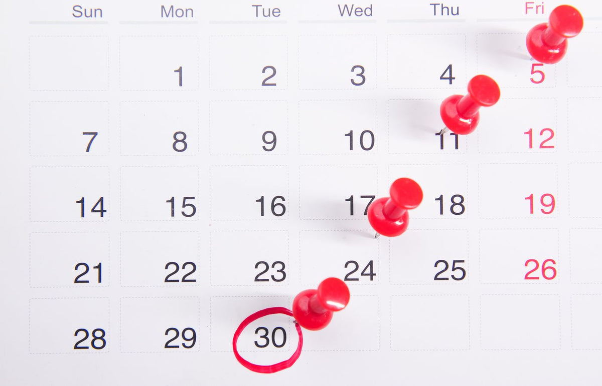 Close-up of a calendar with red push pins marking important dates, emphasizing deadlines.