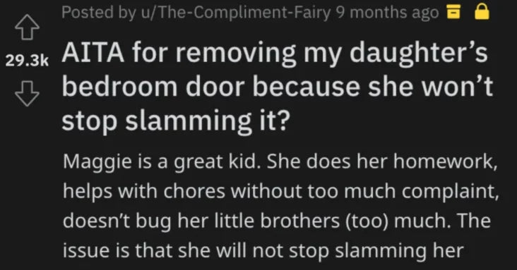 Mother Asks If She’s Wrong For Removing Door Because Daughter Kept Slamming It