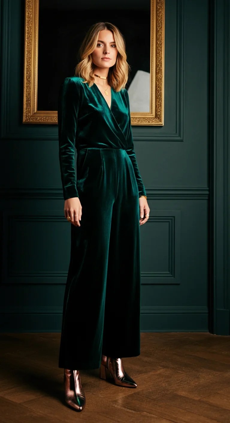 Deep green velvet jumpsuit