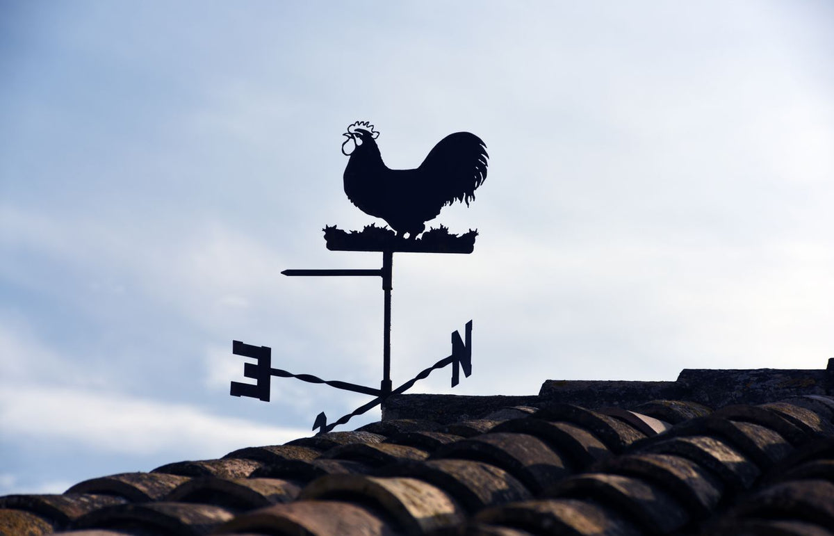 Silhouette of a rooster weather vane on a rooftop against a clear sky, direction indicator.