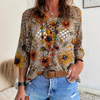 V-neck Hollow Bat Sleeve Plant Print Women's Blouse
