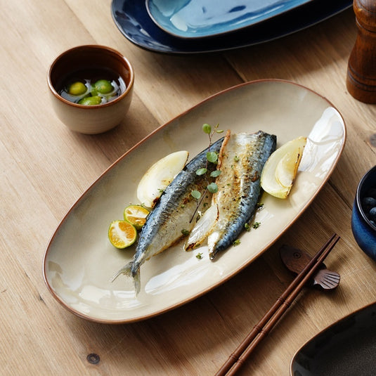 Glaze Kiln Oval Fish Dish Household Dinner Plate Long Plate Swing Plate