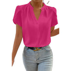Solid Color Pullover V-neck Chiffon Shirt For Women