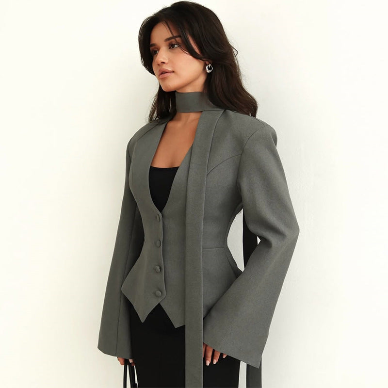 Solid Color And V-neck Scarf Decoration Long Sleeve Suit Coat