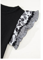 Black Ricrac Trim Printed Flutter Sleeve Contrast Patchwork Blouse
