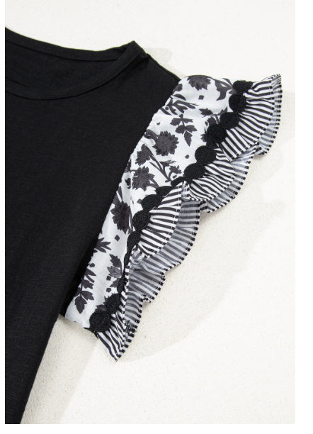 Black Ricrac Trim Printed Flutter Sleeve Contrast Patchwork Blouse
