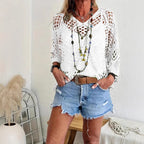 V-neck Diamond Hollow Bat Sleeve Women's Sweater