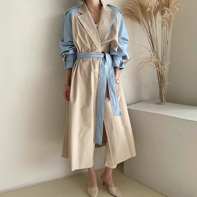 Retro Lapels Design Stitching Contrast Color Lace-up Waist Long Trench Coat Women