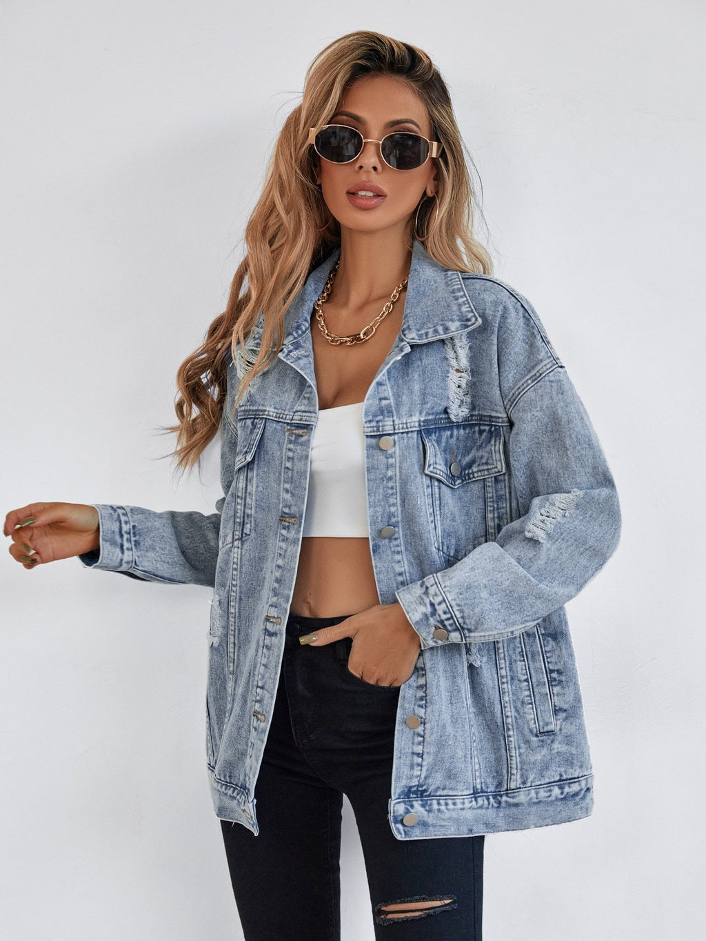 Button Blue Front Flap Pocket Drop Shoulder Denim Jacket - Grand Goldman