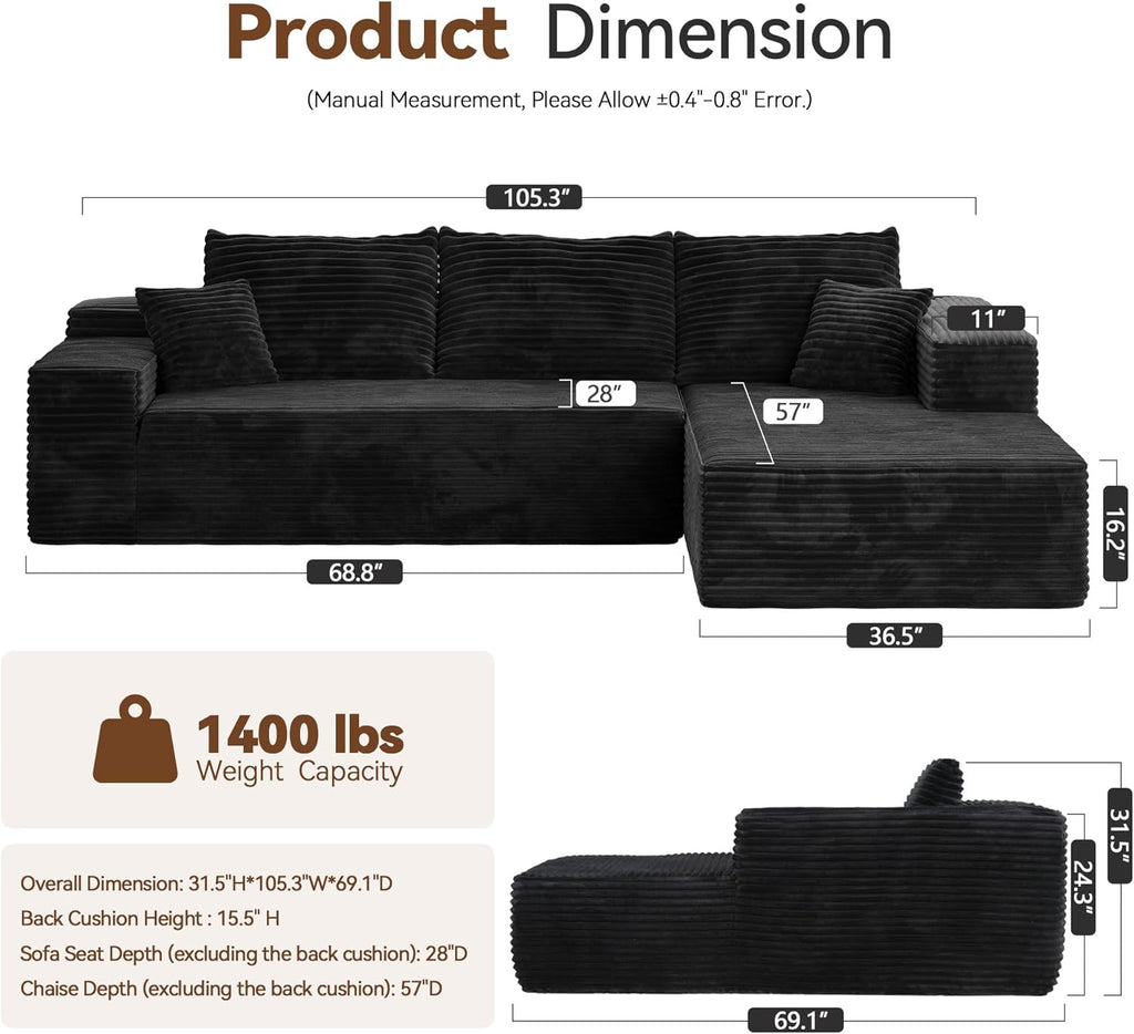 104" Cloud Sectional Couch with Comfy Chaise, Boneless L Shape Sofa with Deep Seat, Minimalist Modular Couches Sleeper for Living Room Bedroom Apartment Lounge,Black - Grand Goldman