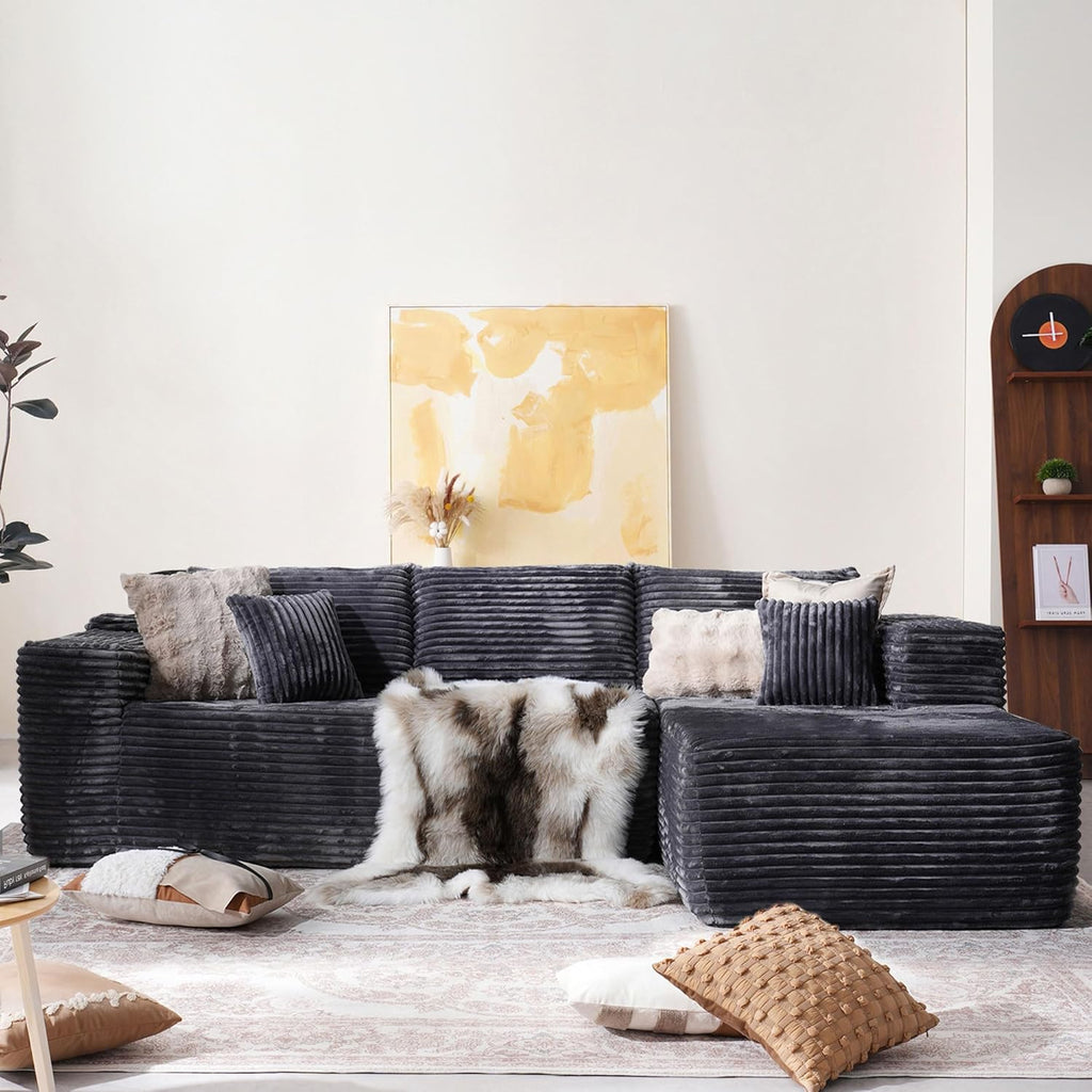 104" Cloud Sectional Couch with Comfy Chaise, Boneless L Shape Sofa with Deep Seat, Minimalist Modular Couches Sleeper for Living Room Bedroom Apartment Lounge,Black - Grand Goldman