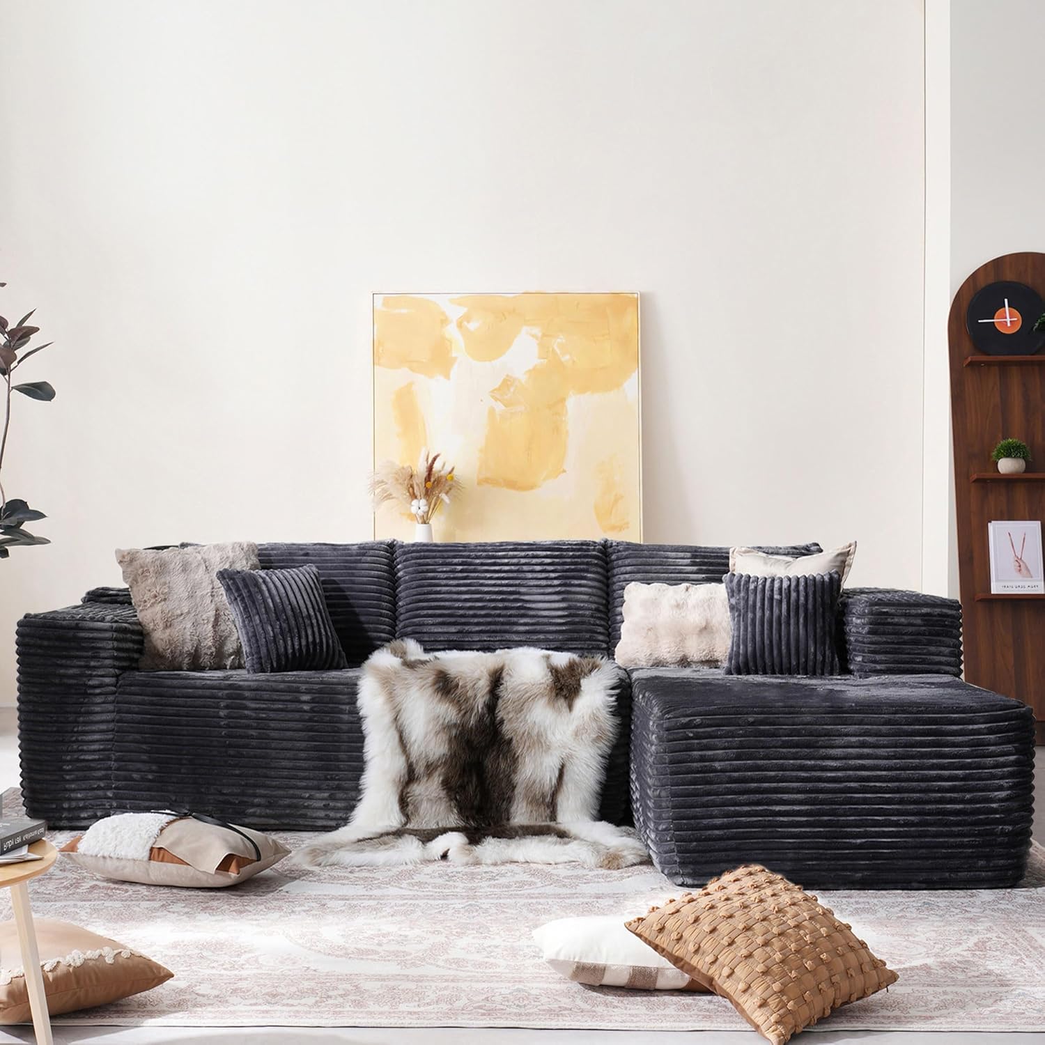 104" Cloud Sectional Couch with Comfy Chaise, Boneless L Shape Sofa with Deep Seat, Minimalist Modular Couches Sleeper for Living Room Bedroom Apartment Lounge,Black - Grand Goldman