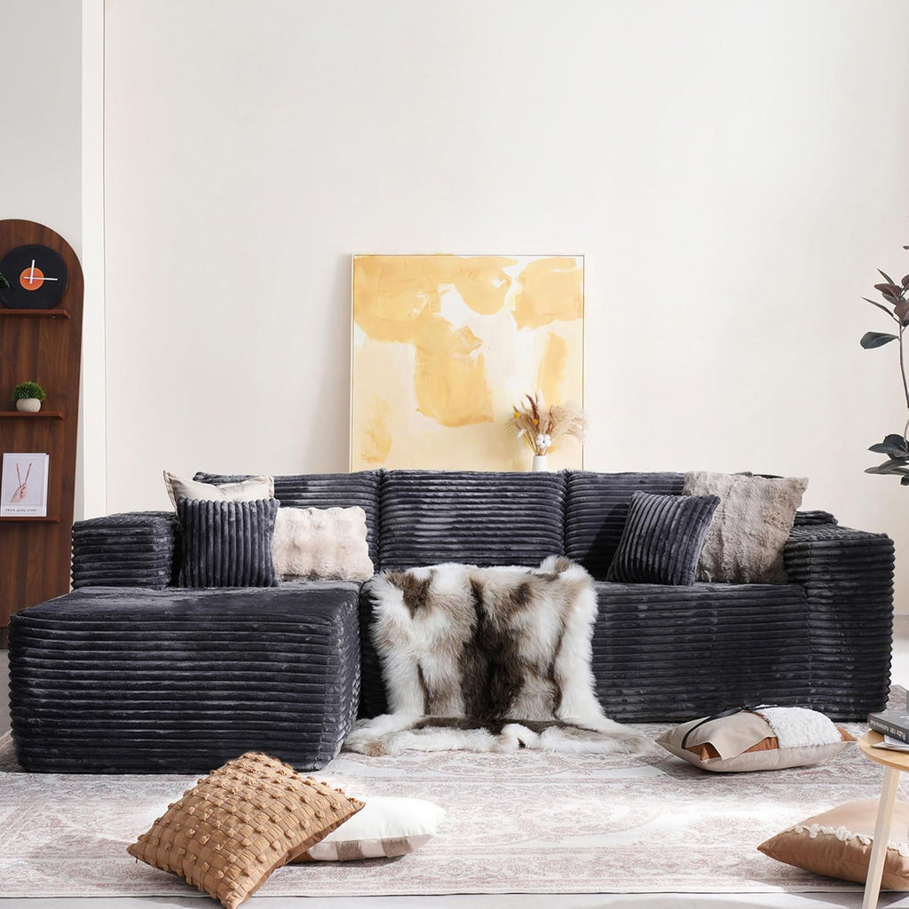 104" Cloud Sectional Couch with Comfy Chaise, Boneless L Shape Sofa with Deep Seat, Minimalist Modular Couches Sleeper for Living Room Bedroom Apartment Lounge,Black - Grand Goldman