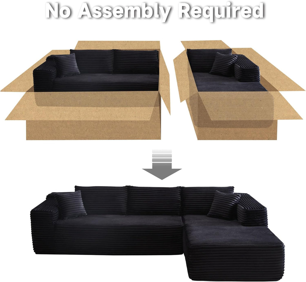 104" Cloud Sectional Couch with Comfy Chaise, Boneless L Shape Sofa with Deep Seat, Minimalist Modular Couches Sleeper for Living Room Bedroom Apartment Lounge,Black - Grand Goldman