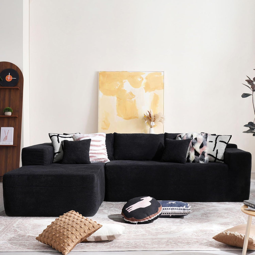 104" Cloud Sectional Couch with Comfy Chaise, Boneless L Shape Sofa with Deep Seat, Minimalist Modular Couches Sleeper for Living Room Bedroom Apartment Lounge,Black - Grand Goldman